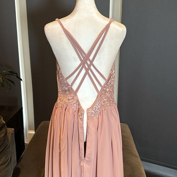 Women’s Pink Chiffon & Lace Appliqué Bridesmaid Dress Zip Up & Leg Slit Size 8 - Picture 7 of 12